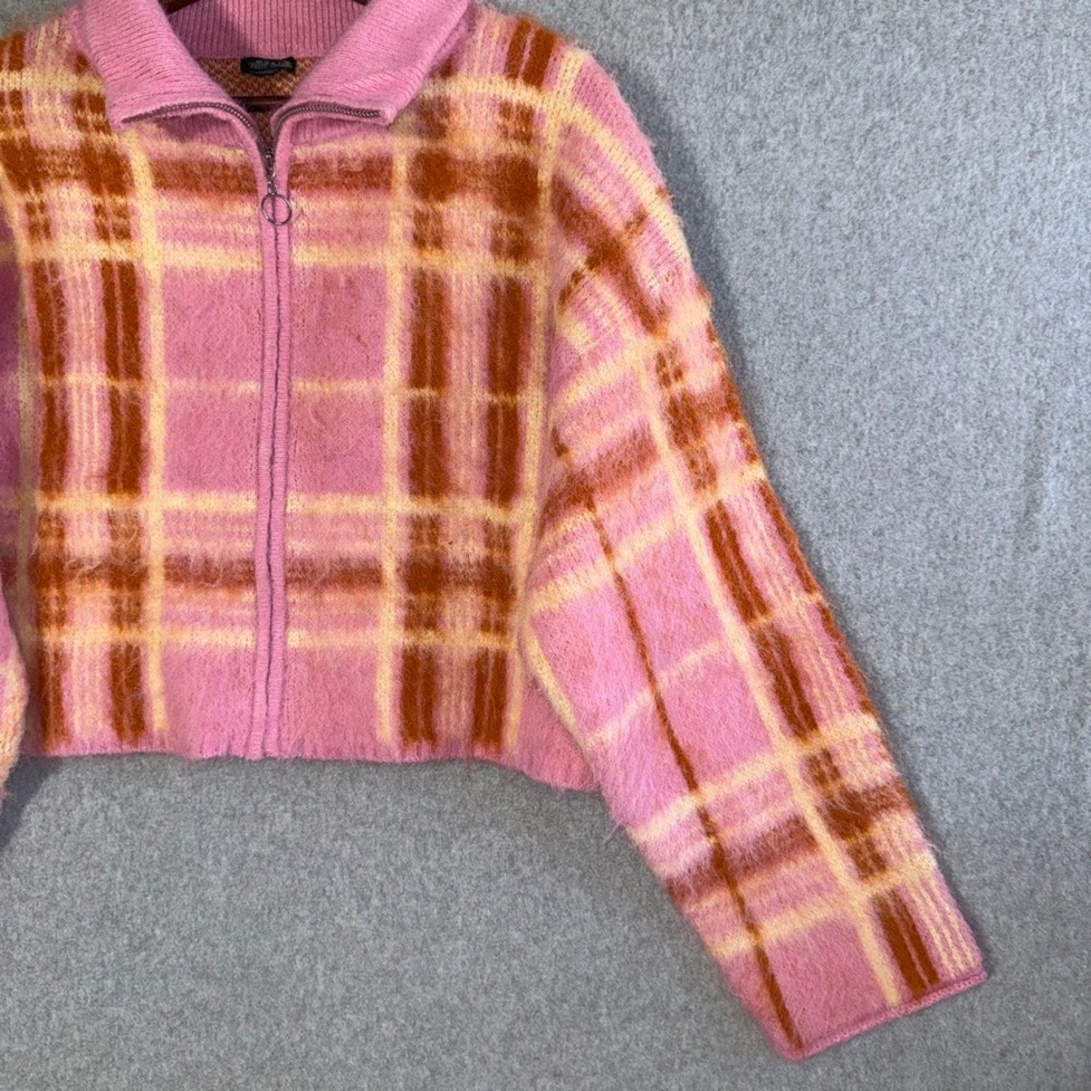 Wild Fable Plaid Full Zip Cardigan Sweater Y2K Medium Pink Excellent Cropped - Picture 3 of 10